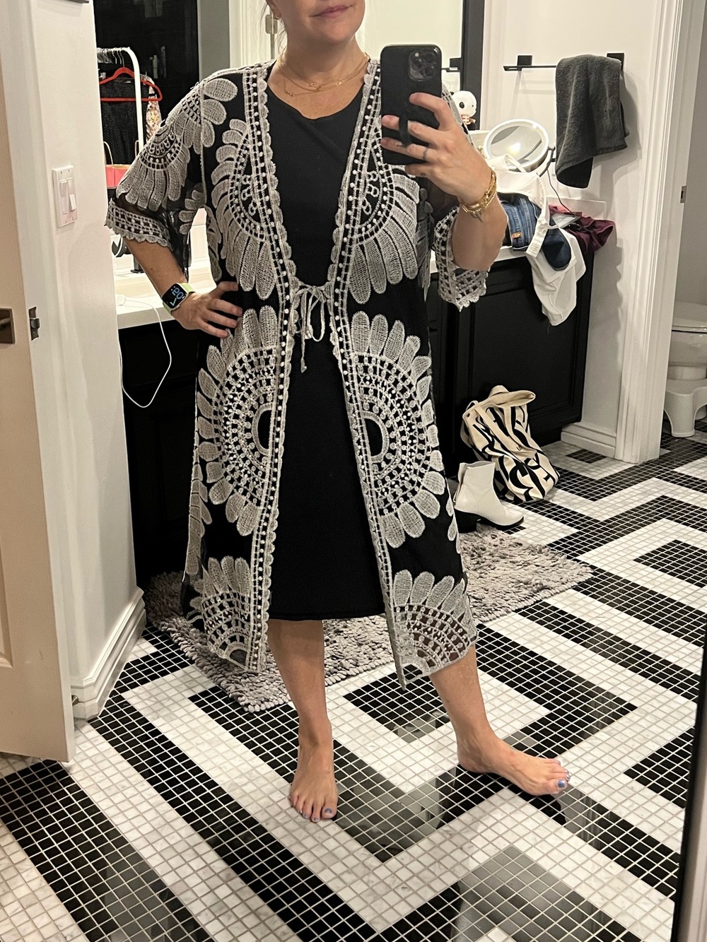Black Sheer Dress with White Crochet Kimono - Picture 2 of 6